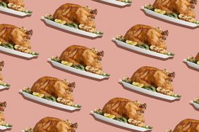 Repeated Pattern of Turkeys on Serving Platters on Pink Background