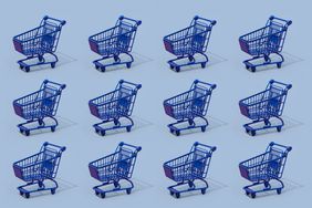 group of blue shopping carts on a blue background