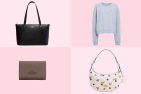 Collage of four Coach Outlet items we recommend on a pink background