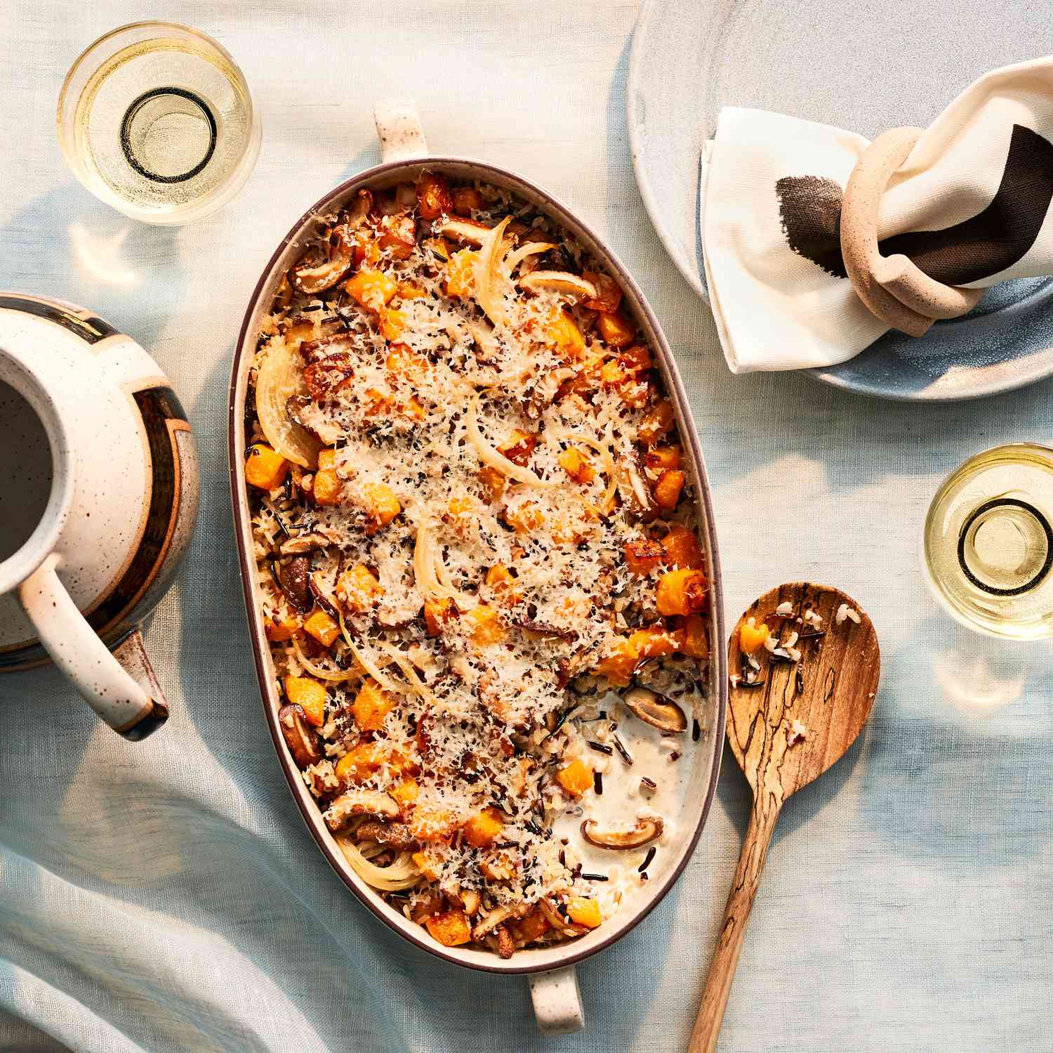 In this recipe for wild rice and butternut squash, chunks of roasted butternut squash mingle with caramelized onions and mushrooms.