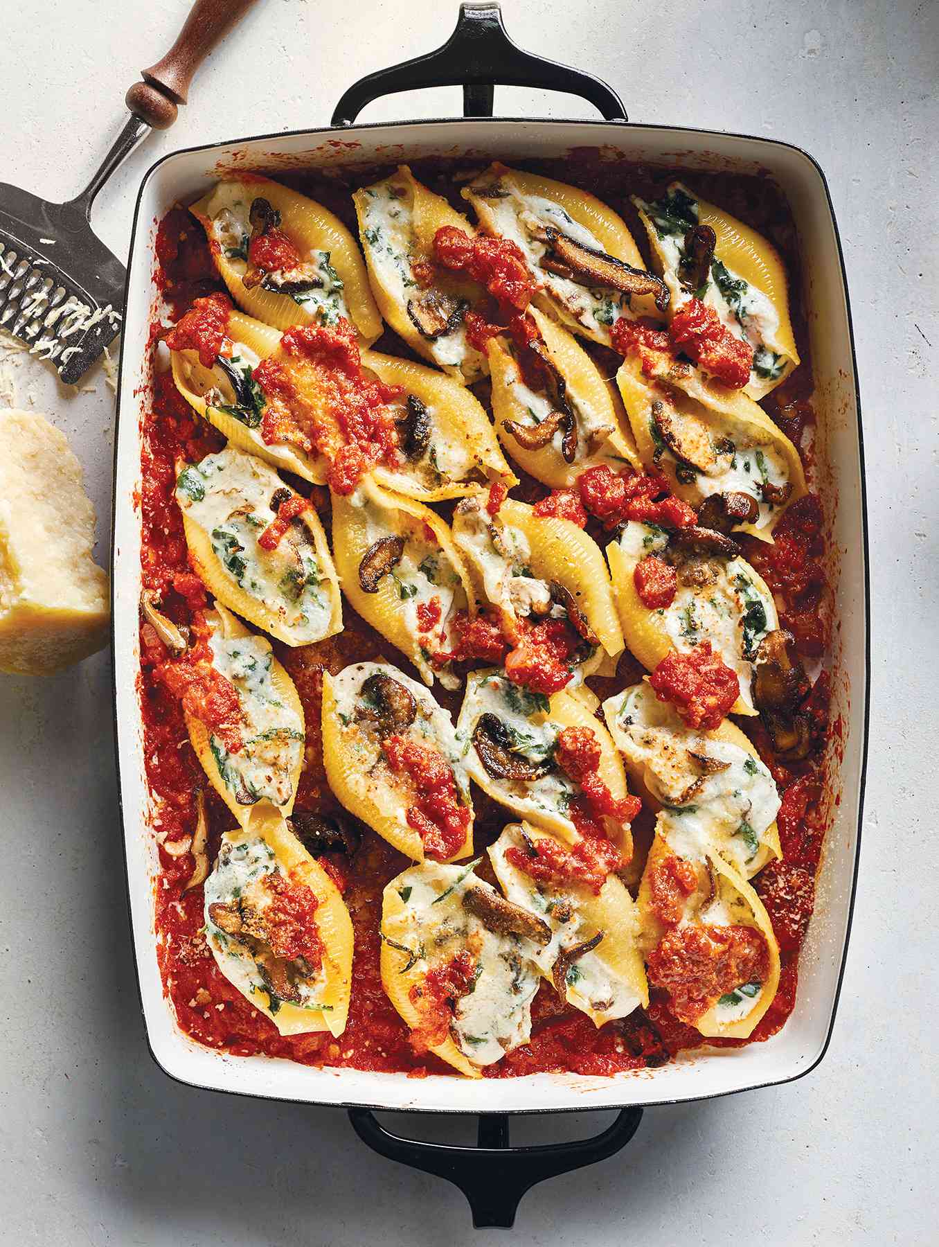 This baked pasta dish (an elevated take on the classic stuffed shells)Â is hearty and satisfying, thanks to creamy, rich ricotta and meaty wild mushrooms. Get the recipe for Wild Mushroom and Spinach Stuffed Shells