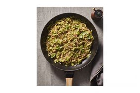 Overhead View of Zucchini-Butter Spaghetti in Cooking Pan