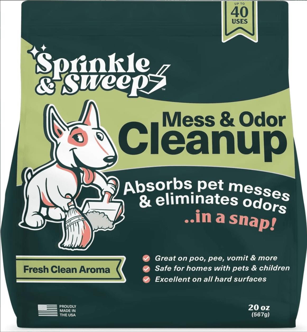 a dog on a green bag for sprinkle and sweep product